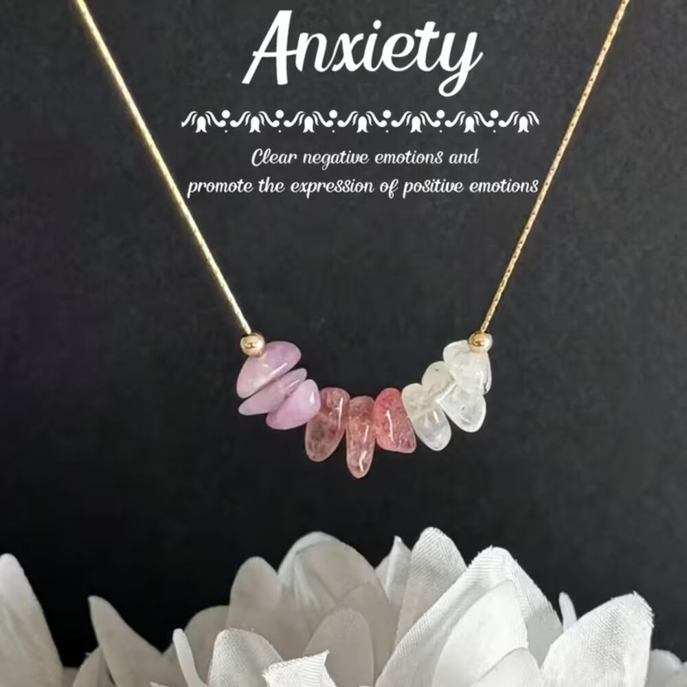 Lepidolite Quartz Moonstone Beaded Gold Chain Necklace Crystal Gemstone Anxiety